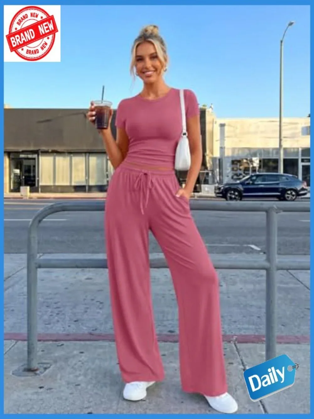 2 Piece Matching Lounge Set Side Ruching Top Wide Leg Pants with Pockets